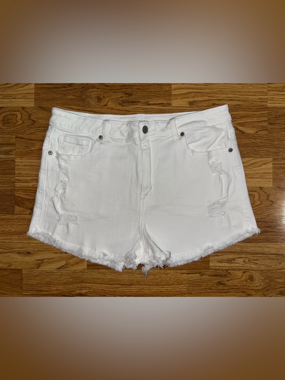 Eunina Hi Rise Shortie Shorts Women's Size Large (10/12) White Distressed Denim